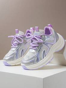 1 Pair Children's Breathable Mesh Casual Sneakers, Girls Lightweight Versatile Chunky Sneakers, Boys Anti-Slip Durable Running Shoes, Spring - Purple - View 3
