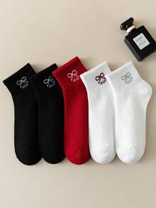 5 Pairs Women's Bow Solid Color Socks, Korean Style Mid-Calf Socks, Versatile For Summer And Autumn/Winter, Couple Socks - Multicolor - View 1