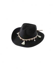 1pc Unisex Fashion Straw Hat, Bohemian Style Beach Sun Hat, New Woven Panama Cowboy Rider Hat, Suitable For Outdoor Travel, Sun Protection, Gift, Daily Use