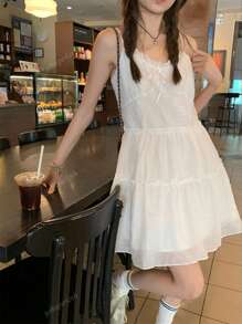 Petite White Lace Trim Spaghetti Strap A-Line Peplum Mini Dress For Women, Summer