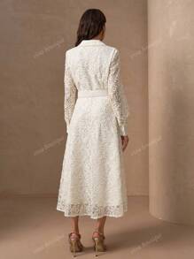 Elegant Embroidered & Solid Color Panel Collar And Cuffs Full Front Opening Romantic Floral Trim A-Line Fitted Dress For Women