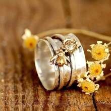 Sunflower And Bee Ring, Spinner Ring, Nature Ring, Meditation Spinning Wide Band, Anxiety Fidget Ring - 彩色 - 查看 6