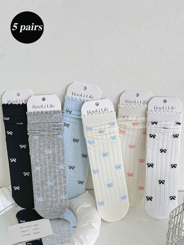4 Pairs Thin Bow Bubble Hem Cotton Crew Socks For Girls, Cute & Suitable For Spring/Summer