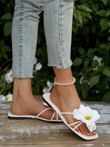 法式花卉系带女士凉鞋，夏季户外时尚一脚蹬凉鞋，适合约会、购物、派对