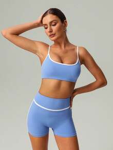 GOSOUER 春夏两件套女士瑜伽跑步运动文胸和短裤 - 藍色 - 查看 3