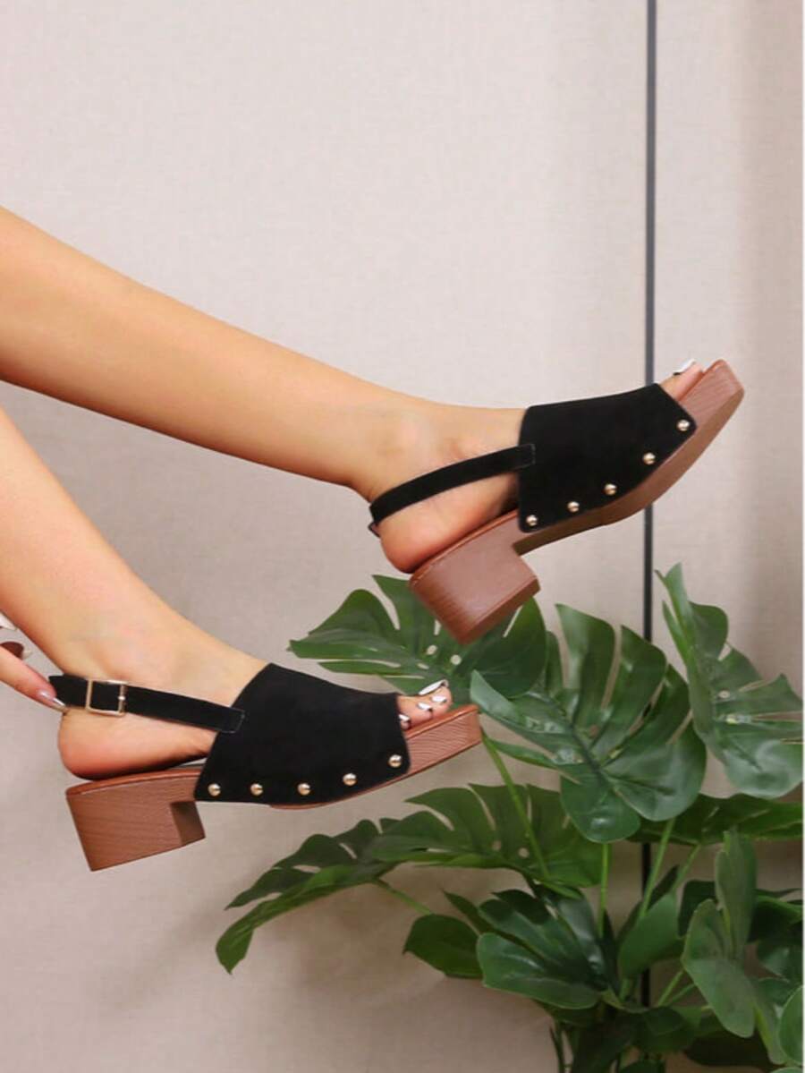 Women's Wooden Grain Platform Slides, Summer Casual Chunky Heel Open Toe Mules, Fashion High Heel Slippers - Black - View 1