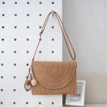 1pc Customized Simple Versatile Handwoven Hollow Straw Tote Bag, Suitable For Beach Holiday Shoulder Bag