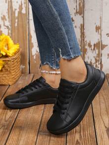 Plus Size Women's Minimalist Style Leather Patchwork Front Lace-Up Outdoor Athletic Shoes, Suitable For Sports - Black - View 3