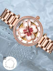 Deesio Fashion Luxury Rose Gold All Steel Automatic Mechanical Women's Watch With Hollow Gear Design, Women Gift - White - View 2