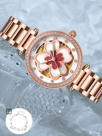 Deesio Fashion Luxury Rose Gold All Steel Automatic Mechanical Women's Watch With Hollow Gear Design, Women Gift