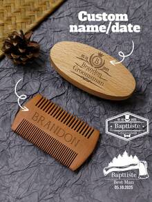 Custom Beard Brush And Comb Set,Personalized Men'S Beech Wood Beard Brush Comb Set,Customized Name Or Date Beard Comb And Comb Set,Customizable Birthday Gifts,Men'S Gifts,Father's Day Gifts,Wedding Gifts,Groomsmen Gifts,Double Sided Beard Comb,Boyfriend,Father,Son,Friend,Colleague,Office,Bathroom - Multicolor - View 1