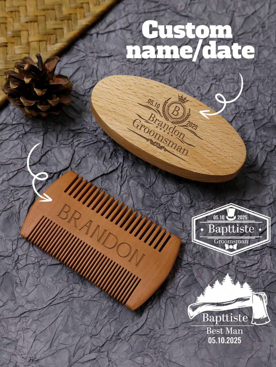Custom Beard Brush And Comb Set,Personalized Men'S Beech Wood Beard Brush Comb Set,Customized Name Or Date Beard Comb And Comb Set,Customizable Birthday Gifts,Men'S Gifts,Father's Day Gifts,Wedding Gifts,Groomsmen Gifts,Double Sided Beard Comb,Boyfriend,Father,Son,Friend,Colleague,Office,Bathroom - Multicolor - View 1