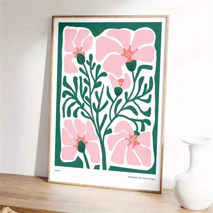 1pc Bright Abstract Flower Botanical Print,Floral Wall Art Poster, Modern Pink And Green Prints, Retro Flower Market Print, Fashion Paintings For Living Room Bedroom Home Office Dormitory Decor Wall Background Design Picture Optional Frame