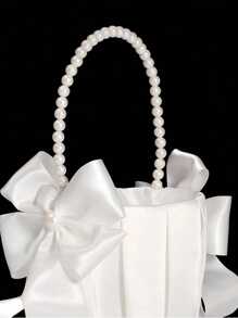 1 pieza Cesta de flores de boda con lazo y perlas de imitación - Cesta de flores blanca con lazo, cesta de flores de satén, adecuada para decoración de bodas, regalo de Año Nuevo, regalos de decoración