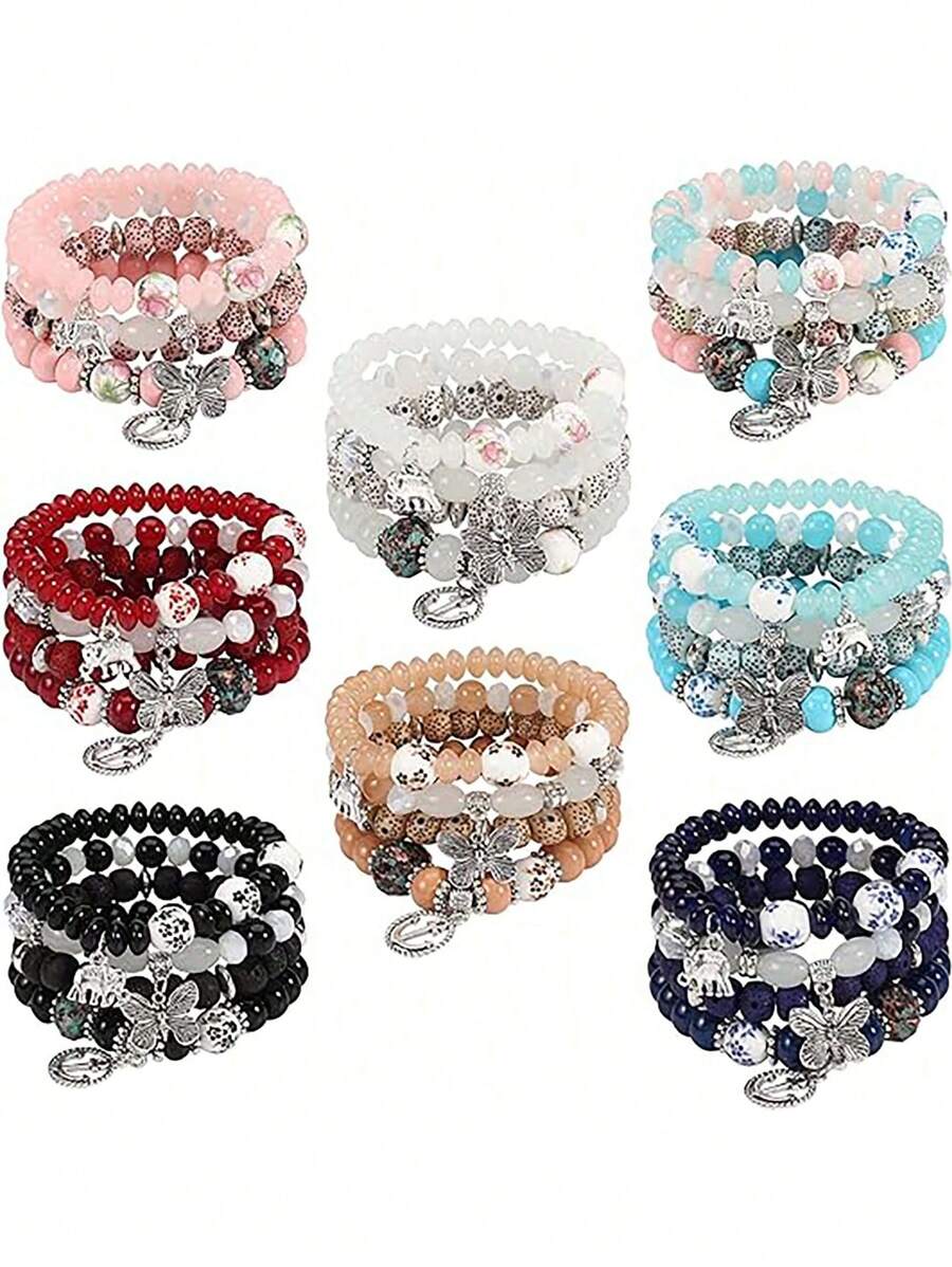 4-5pcs Bohemian Bracelets For Women Stretch Multilayer Colorful Beads Bracelet With Charm Jewelry