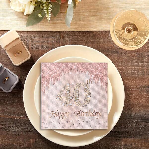 20/40pcs Rose Gold Diamond 40th Birthday Party Napkins, Pink Rose Gold 40 Patterned Party Napkins, Suitable For Birthday Parties, Family Gatherings, And Outings