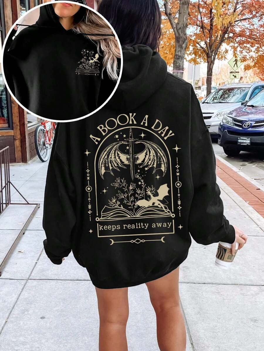 Women's Autumn And Winter Daily Book Dragon Pattern Print Hooded Long Sleeve Simple Casual Daily Black Hoodie Top Spring - Black - View 1