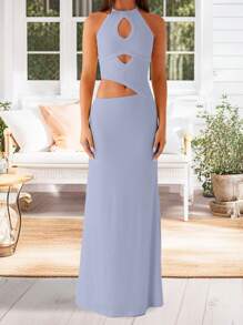 Women Long Dress, Sleeveless Halterneck Backless Hollowed Solid Slim Fit Cocktail Dress