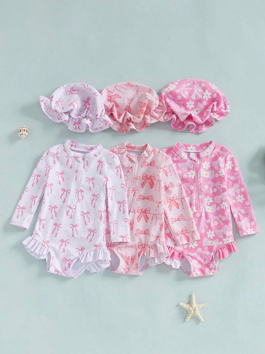 Baby Girl Long Sleeve Solid Bathing Suit Toddler Girl One Piece Ruffles Swimsuit Infant Girl Ruffle Rash Guard - White - View 1