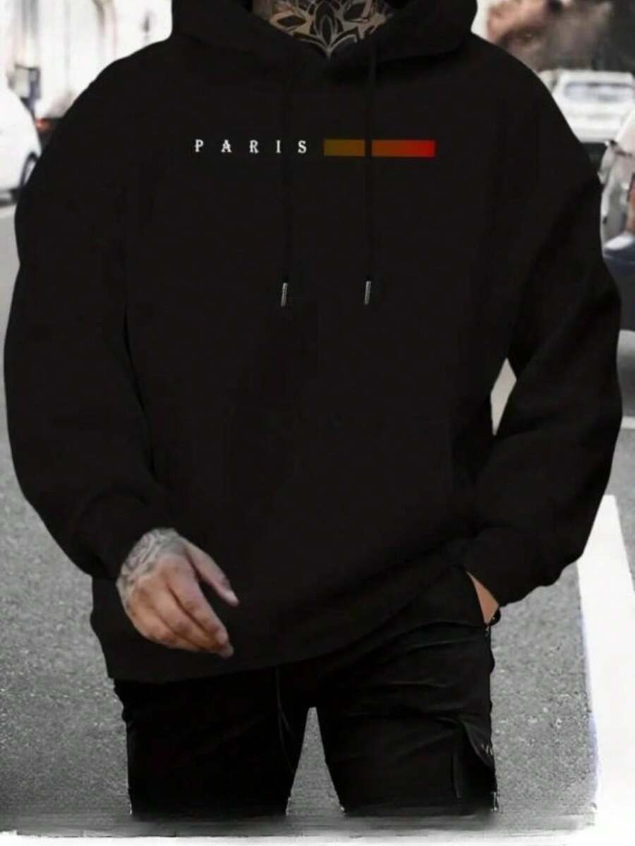 Paris Men's Sweatshirt Kangaroo Hooded Jacket Flannel Cold Weather Top With Pocket - 黑色 - 查看 1