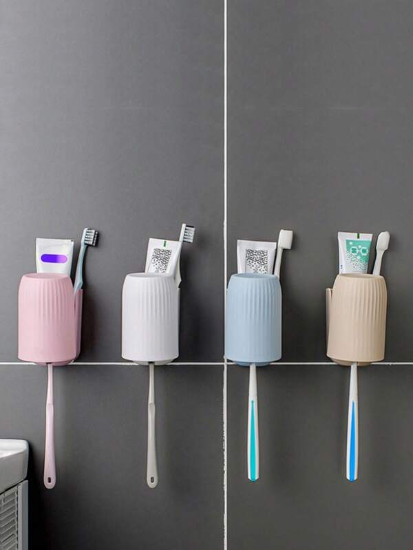 1 Sucker Toothbrush Holder - Non-Drilled, Wall-Mounted Bathroom Storage Case For Toothbrushes, Toothpaste And Cups, Versatile Plastic Storage Solution In White, Pink, Blue And Beige Mouthwash Cups And Toothpaste Holders Bathroom Decor Fall Decor Back To School
