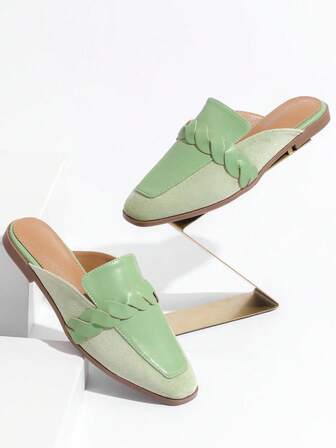 女式拼色穆勒拖鞋2025新款夏季编织带时尚休闲一脚蹬平底凉鞋时尚百搭户外四季