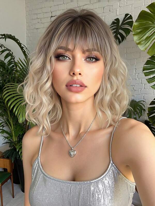 14 Inch Brown Roots Golden Curly Wigs With Bangs For Woman Synthetic Heat Resistant Wig For Summer Daily Party Use Natural Looking