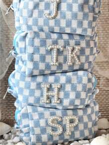 1pc Custom Initials Blue Checkered Cosmetic Bag | Last Toast On The Coast Bridesmaid Favors | Coastal Cowgirl | Bachelorette Beach Party