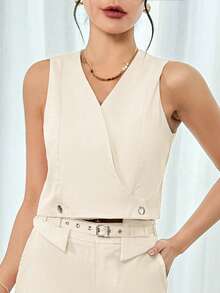 Conjunto liso de 2 piezas de chaleco cruzado y pantalones holgados con cinturón de moda para mujer - Beis - Ver 3