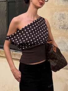 Women's Fashionable Polka Dot Backless Tie Strap Top, Knit Fabric With False Drawstring, Ribbed Backless Casual Top Suitable For Singles Party