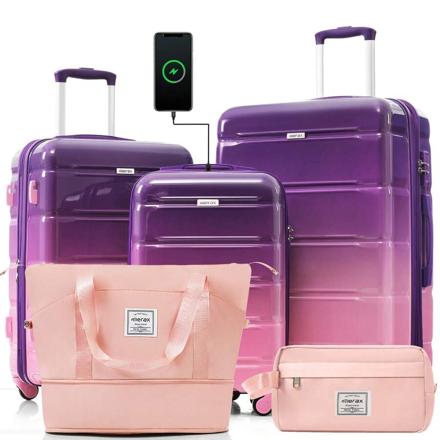 MERAX Luggage Sets 5 Piece, 20-Inch With USB Port, ABS Durable Suitcase With Travel Bag, ABS+PC Hard Shell Luggage With Spinner Wheels, Purple And Pink - Purple-new - View 1