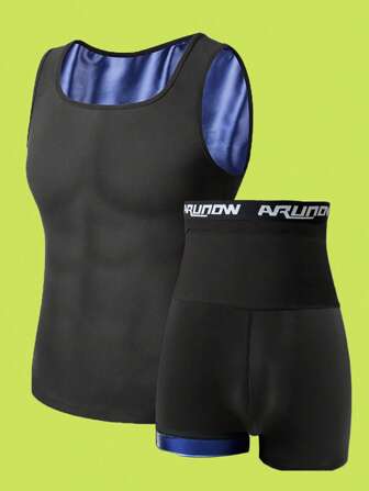 ARUNOW 男士桑拿运动背心和短裤套装、塑身背心和短裤、无袖运动汗衫和短裤、跑步裤套装、欧洲尺码健身配件