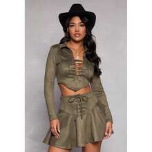 Faux Suede Lace Up Crop Top - Multicolor - View 1