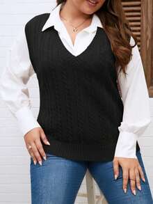 College Style, Braid, V-Neck, Plus Size, Fall And Winter, Valentine's Day Knit Vest - Black - View 4