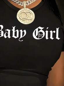 Áo croptop in chữ cho bé gái, cổ tròn, chất liệu vải dệt kim polyester pha spandex, kiểu dáng ngắn, phù hợp cho mọi mùa, màu đen mùa hè. - màu đen - Xem 3