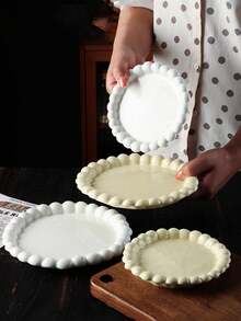 1pc Cream-Color Ceramic Plate With Pearl Edging, Dessert Or Breakfast Plate, High-Quality Tableware Suitable For Home & Restaurant Use - Multicolor - View 4