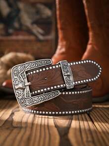 1 条西方风格时尚个性化针扣 PU 压花腰带，适合日常穿着夏季、秋季、万圣节 - 槍黑色 - 查看 11