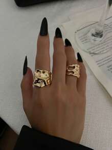Set de 2 anillos de metal asimétricos de lava vintage, joyería casual y de lujo para uso diario para mujeres, hombres y parejas, regalo versátil para bodas y fiestas