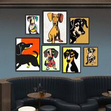1pc Wall Arts Posters Optional Frame Modern Colorful Cute Dog Posters Canvas Painting Cartoon Abstract Animal Modern Wall Art Picture For Kid Room Home Decoration Painting