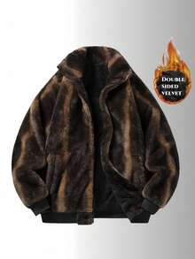 1pc Men's Long Sleeve Outdoor Warm Thermal Lined Faux Fur Coat, Fall/Winter - Coffee Brown - View 1