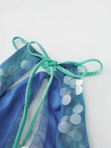 Women Halter Neck Dress Casual Contrast Colors Sequins Cowl Neck Backless Mini Party Dress For Beach Club Streetwear - 藍色 - 查看 6