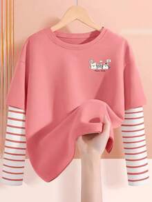 3 件套女孩可爱长袖 T 恤，年轻女孩淑女 T 恤，条纹撞色 2 合 1 上衣 - 彩色 - 查看 2