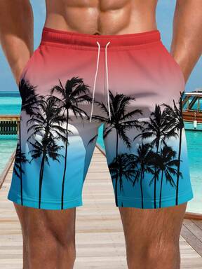Short de plage pour homme d'été imprimé de dégradé rouge bleu blanc avec des cocotiers en 3D