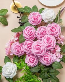 25Pcs Artificial Roses Flowers Fake Roses With Stems Real Touch Foam Flowers For DIY Wedding Bouquet Baby Shower Centerpiece Floral Arrangement Party Home Decor(Dark Red) - Pink - View 5