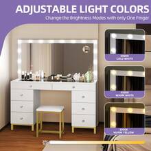 Makeup Vanity Desk Set Come With Stool 8 Drawers Storage Prowar Outlet & LED Lighted Mirror Brightness & Lighting Color Adjustable Vanity Table For Girls Women - trắng - Xem 3