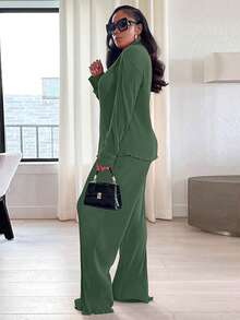 2pcs Women's Fashionable Pleated Shirt And Comfortable Wide-Leg Pants Set, Casual, Ladies Spring/Fall Casual Pocket, Zipper Long Sleeve Loose Black Blouse Pants Women Two-Piece Outfits, Casual Daily Wear - 軍綠色 - 查看 3