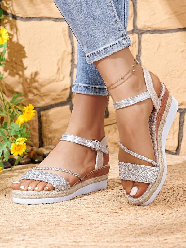 1 Pair Women's New Woven Wedge Sandals, Thick Platform Open Toe Ankle Strap Bohemian Style Comfortable Holiday Shoes