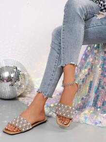 Women's Slide Sandals With Rhinestone Decor, Casual Versatile Outdoor Flat Plastic Slippers