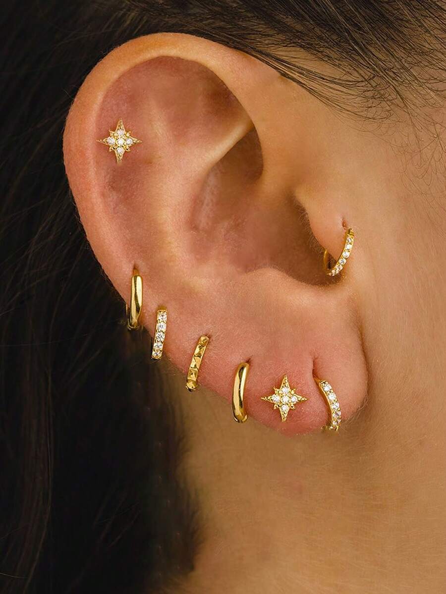 3 Pairs Cubic Zirconia Star Stud Earrings, 14K Gold Plated, Suitable For Earlobes, Cartilage, Helix And Other Ear Piercings, Unisex - 3Pairs-gold1# - View 1