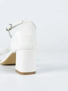 Women's White Floral Rhinestone Strap Thick Heel Sandals, Elegant Evening Party & Wedding High Heels, Summer